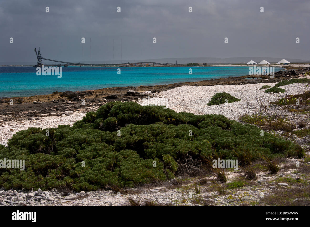Salzbergwerk, Landschaft und Strand. Bonraire, Niederländische Antillen, Karibik, Südamerika Stockfoto