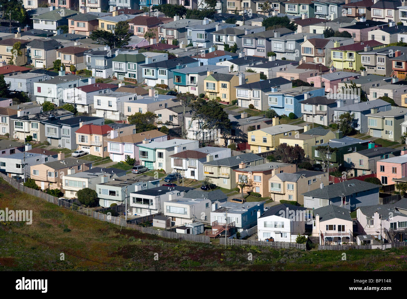Luftbild oben Wohngegend Westlake Daly City, Kalifornien Stockfoto