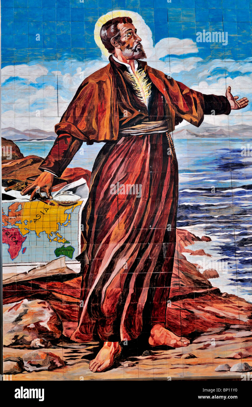 Spanien, Navarra: Keramikmalerei von San Francisco Javier an der Wallfahrtskirche mit seinem Namen in Javier Stockfoto