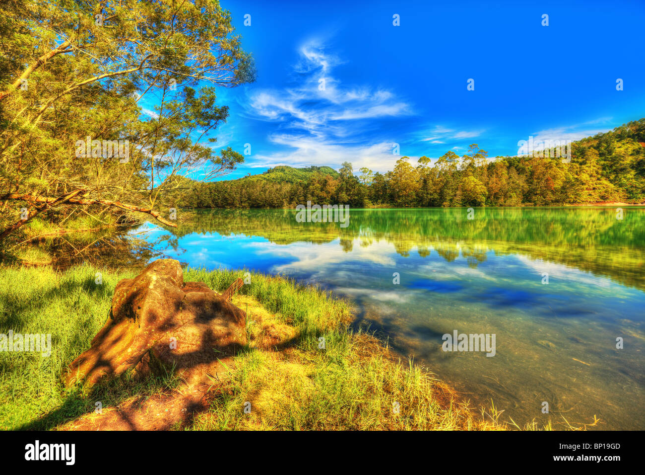 Vulkanische See Telaga Warna am Plateau Dieng Stockfoto