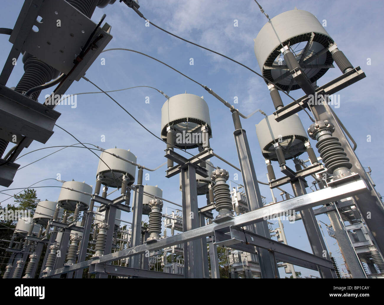 Detailaufnahmen auf eine elektrische Leistung Sub station Stockfoto