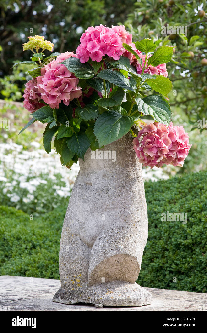 Hortensien-Blüten auf dem Display in eine Statue im Garten in Charleston Stockfoto