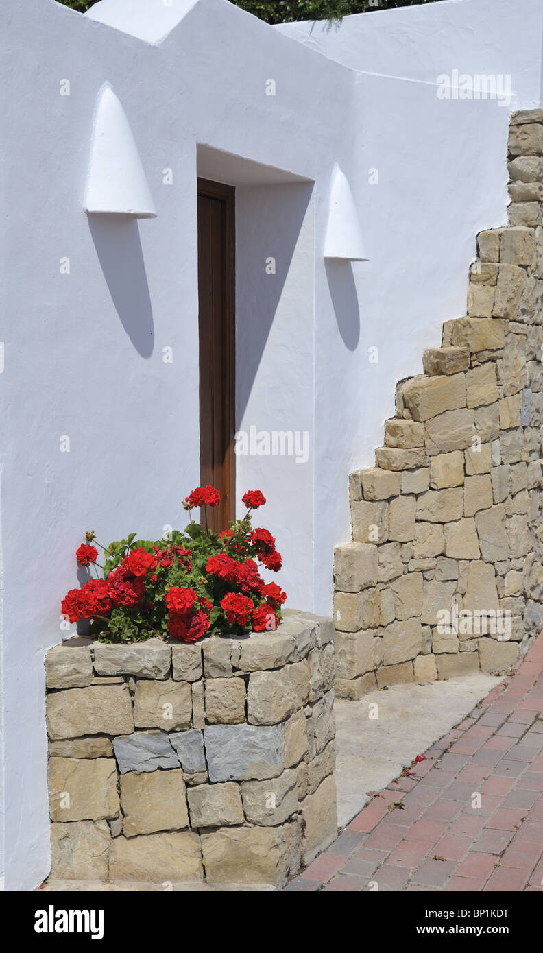 Tür mit Geranien, Moraira Stockfoto