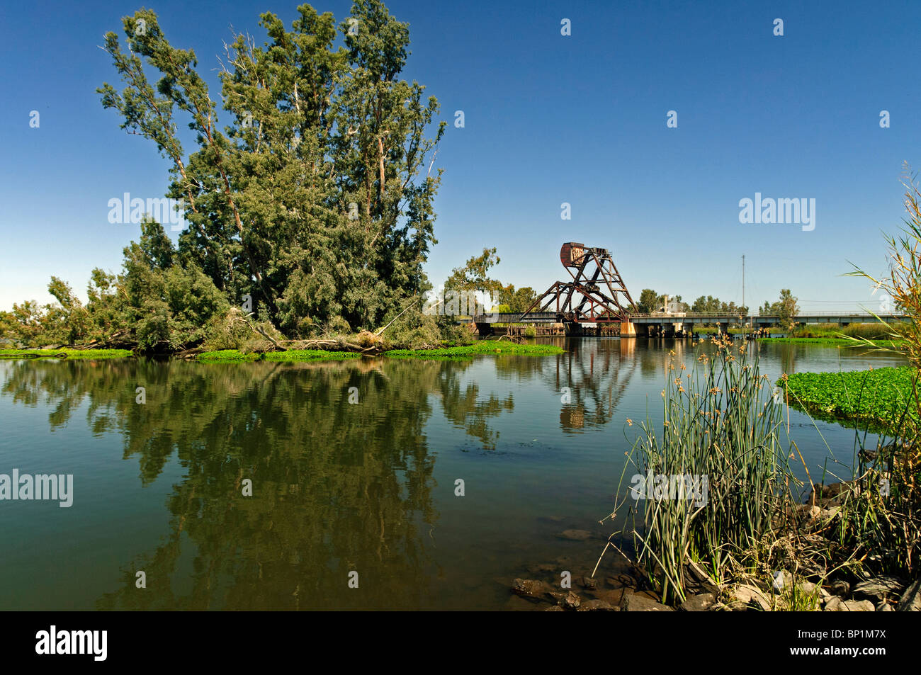 Trestle Zugbrücke über einen Sumpf im kalifornischen Central Valley Delta Region. Sommermorgen. Stockfoto