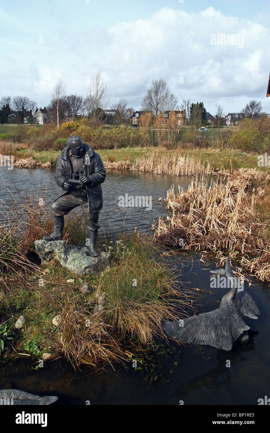 Statue von Sir Peter Scott am Eingang zum London Wetlands Centre in Barnes. Stockfoto