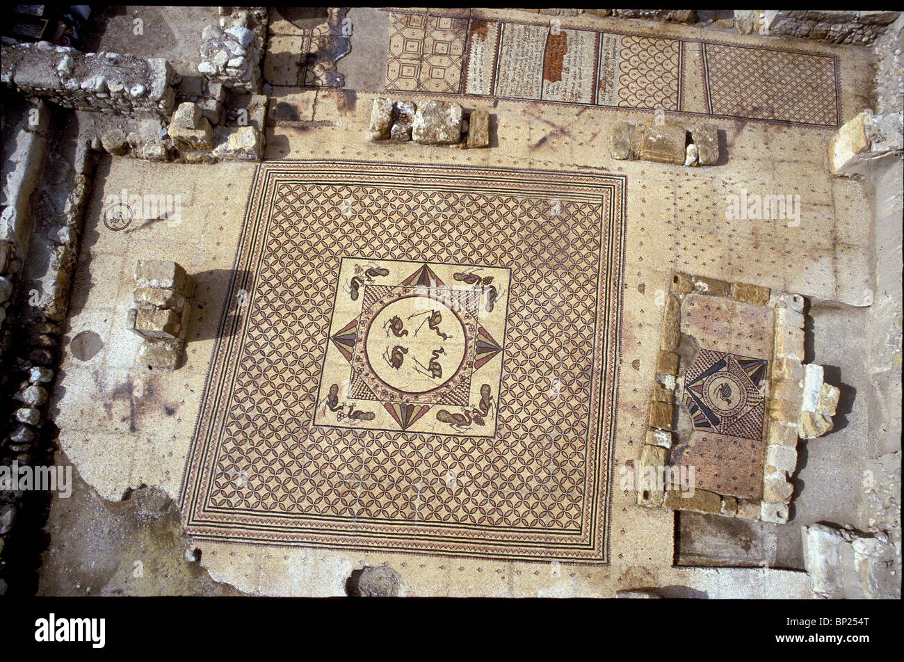 ZENTRALEN MOSAIK BODEN DER EIN GEDI SYNAGOGE AUS DEM 3.. C. N. CHR. IN DER NÄHE DES TOTEN MEERES IN DER OASE EIN GEDI Stockfoto