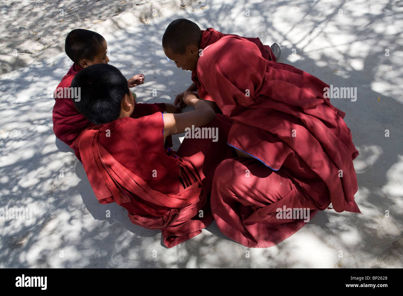 Sehr junge Mönche spielen nach dem Mittagessen auf Thikse Gompa in Ladakh. Stockfoto
