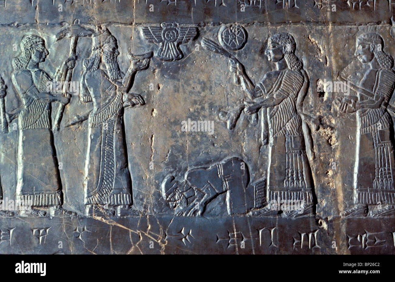 PANEL AUS DER SCHWARZE OBELISK DES KÖNIGS SALMANASSAR III. AUS NIMRUD C. 825 V. CHR. PIC: KÖNIG SALMANASSAR III. ERHALT DES TRIBUT Stockfoto