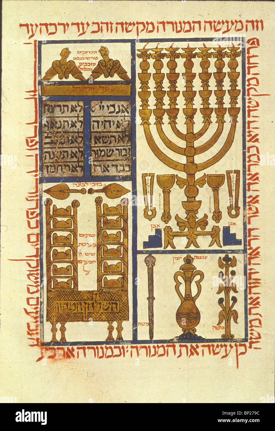 ARTEFAKTE IM TEMPEL DIENST VERWENDET; ALTAR LEUCHTER HERUMLIEGEN SHOWELS TROMPETEN DIE SHAWBREAD TABELLE ETC. VON BEZALEL GEFERTIGT Stockfoto