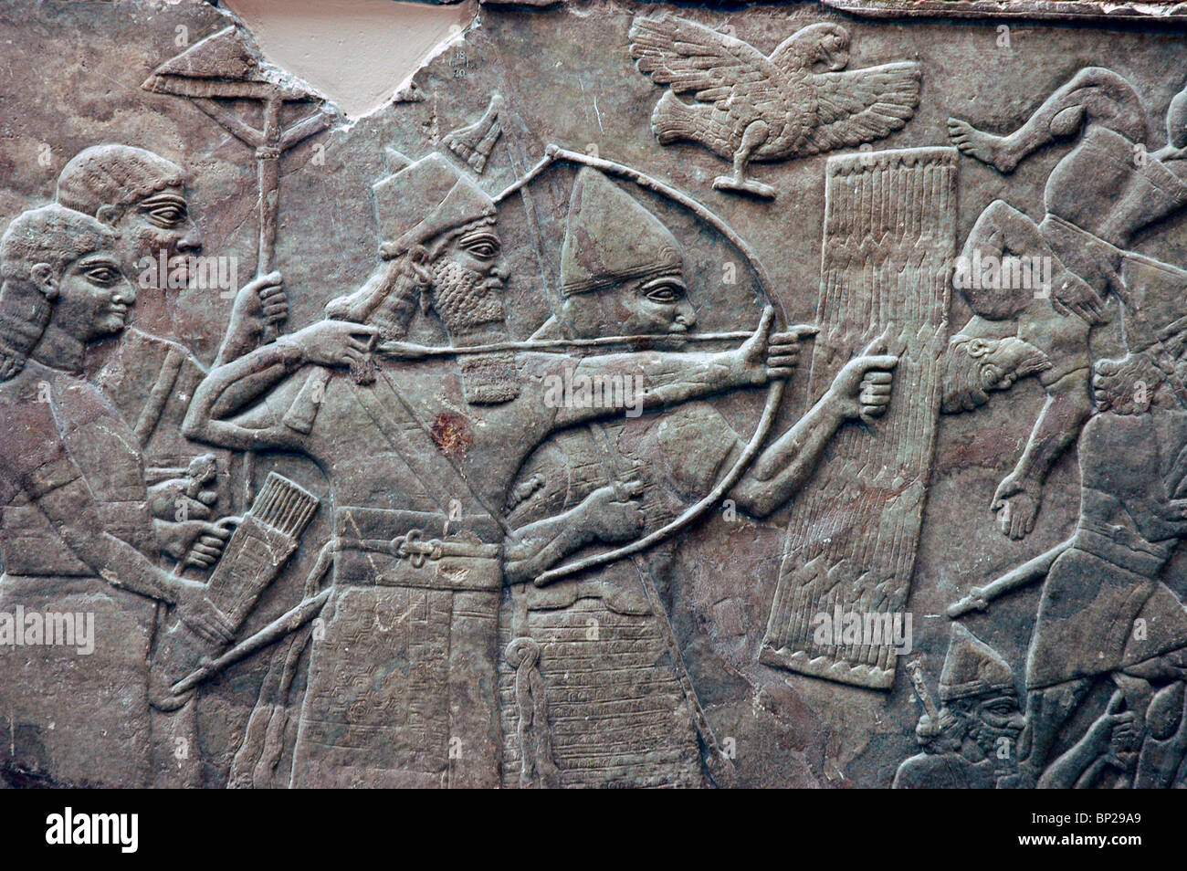 ASSYRISCHE ARMEE BOGENSCHÜTZEN, WÄHREND MAN DEN PFEIL SCHIEßT DER ANDERE IHN MIT EINEM SCHILD RELIEF AUS NIMRUD, CA. 865 V.CHR. SCHÜTZT Stockfoto