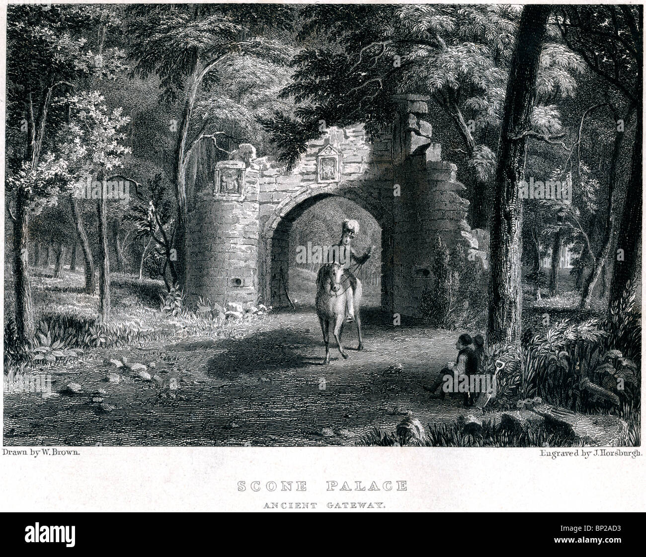 Ein Kupferstich von Scone Palace, Perth & Kinross, Schottland, Großbritannien - in hoher Auflösung von einem 1830 erschienenen Buch gescannt. Sie sind urheberrechtlich geschützt. Stockfoto