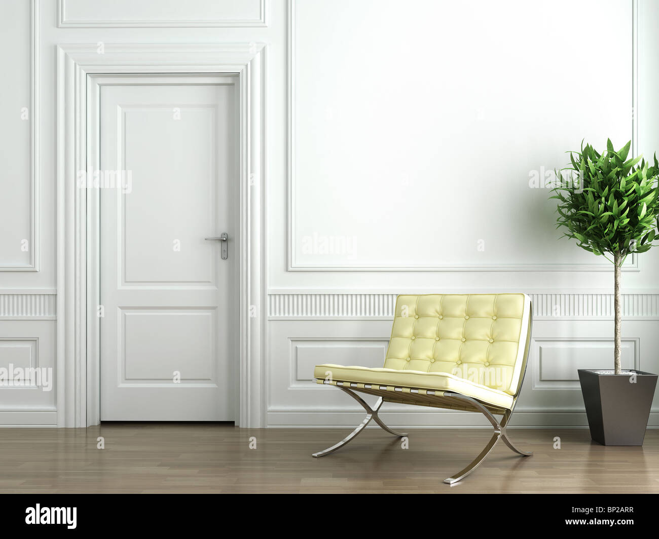 Klassische Weisse Interieur Mit Barcelona Chair Und Pflanze