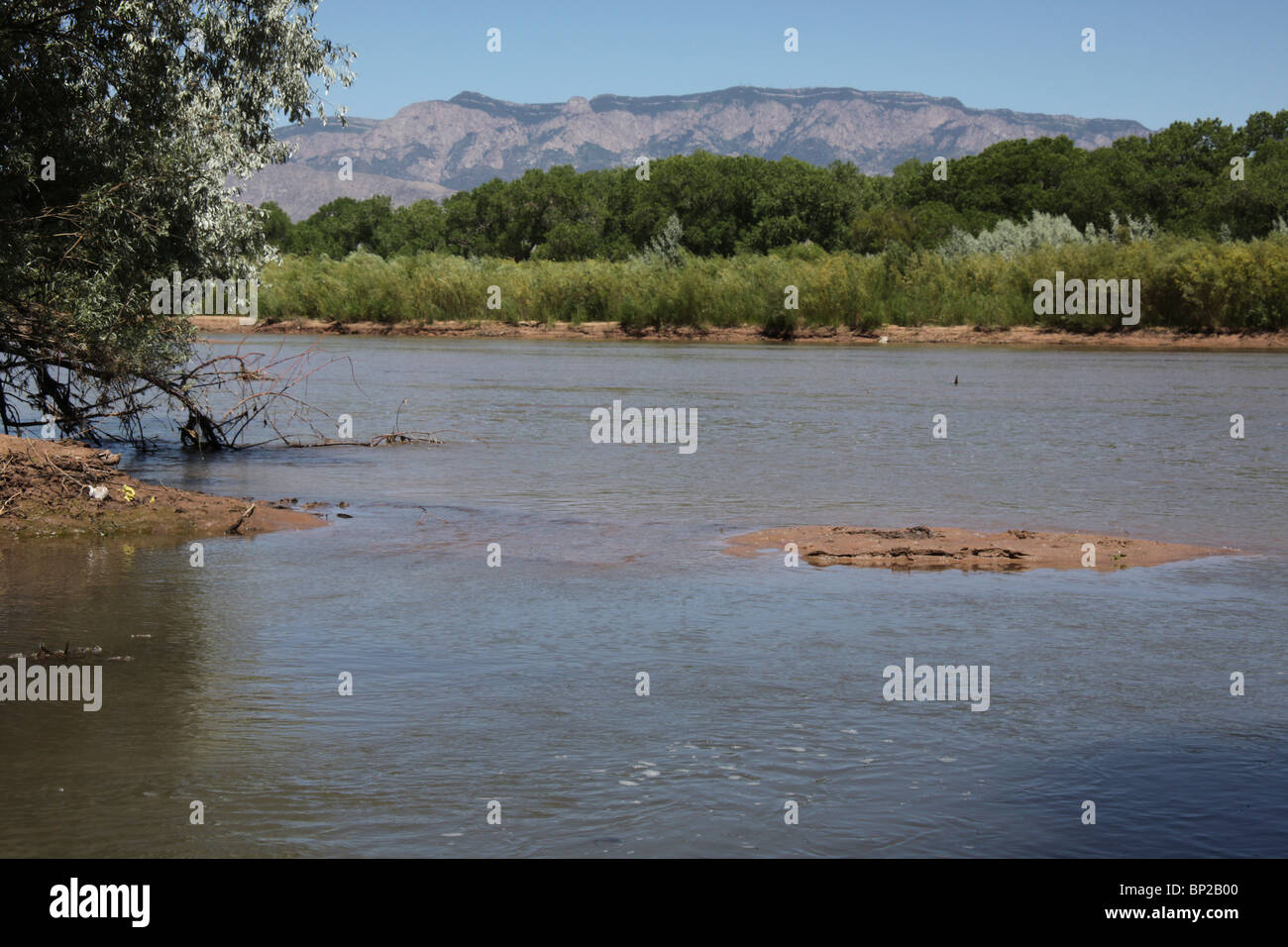 Rio Grande River mit Blick auf Sandia Berge bei Corrales, Sandoval County, New Mexico, 18. Juni 2010 Stockfoto