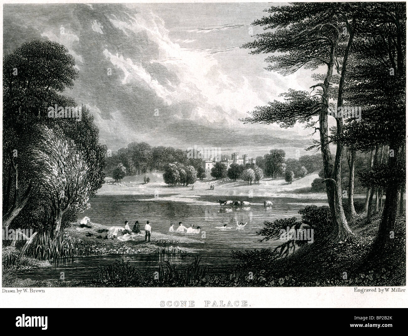 Ein Kupferstich von Scone Palace, Perth & Kinross, Schottland, Großbritannien - in hoher Auflösung von einem 1830 erschienenen Buch gescannt. Sie sind urheberrechtlich geschützt. Stockfoto