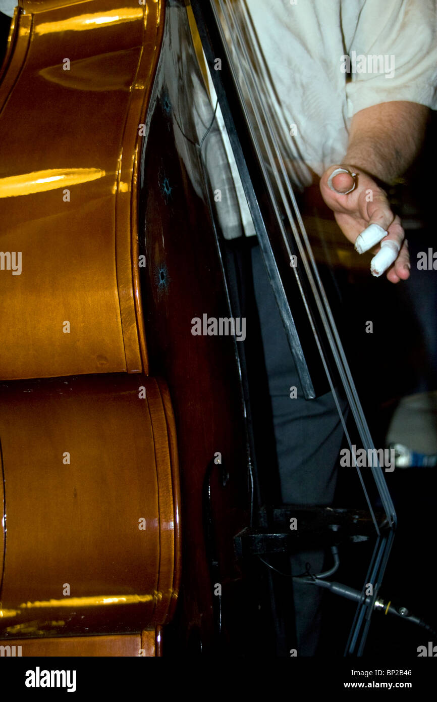 Beschleuniger Rock-Billy Band Musiker spielen Kontrabass an der arktischen Bar während der Dundee Blues Bonanza 2010, UK Stockfoto