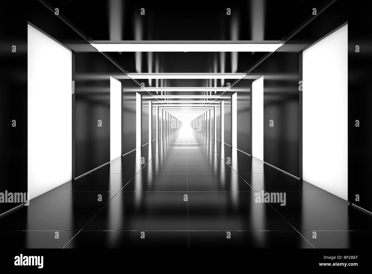 Futuristische Architektur Interieur in schwarz mit hellen Lichtern Stockfoto