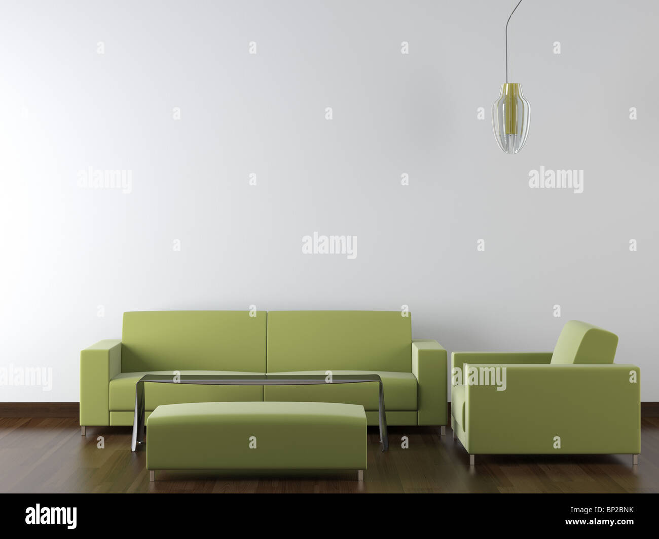 Interior Design der modernen grünen Wohnzimmermöbel gegen weiße Wand eine hängende Lampe mit vielen Textfreiraum Stockfoto