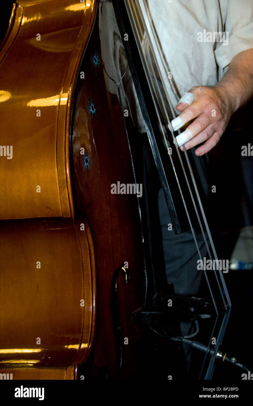 Beschleuniger Rock-Billy Band Musiker spielen Kontrabass bei Dundee Blues Bonanza 2010, UK Stockfoto