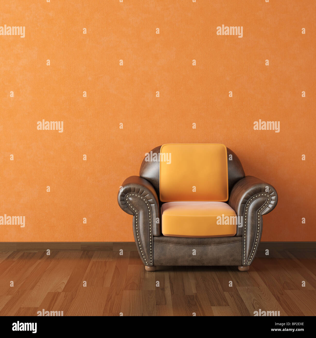 Interior Design Szene braun Leder couch auf einem orangefarbenen Hintergrund Kopie Wandfläche Stockfoto