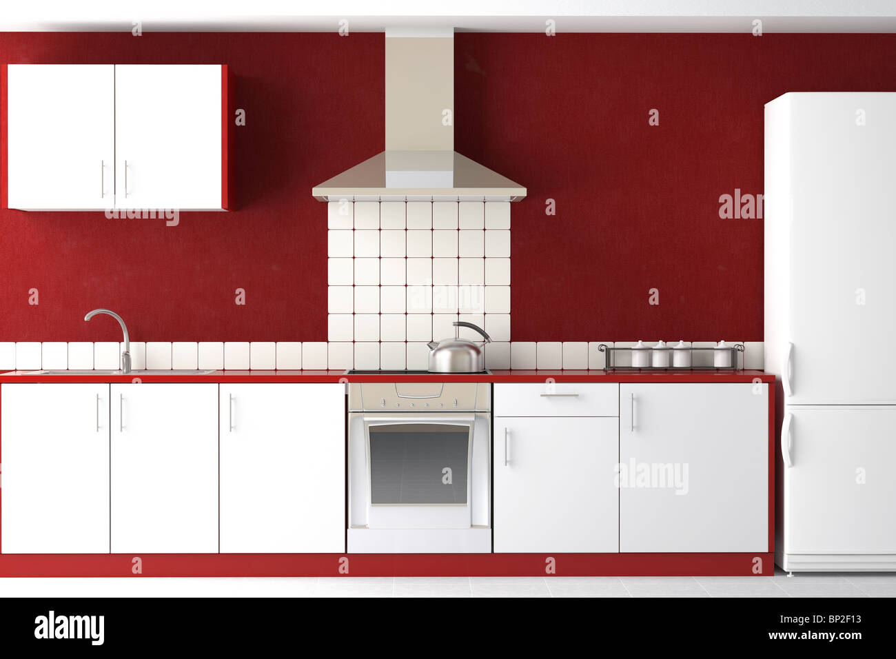 Interior Design der klaren, modernen roten und weißen Küche Stockfoto
