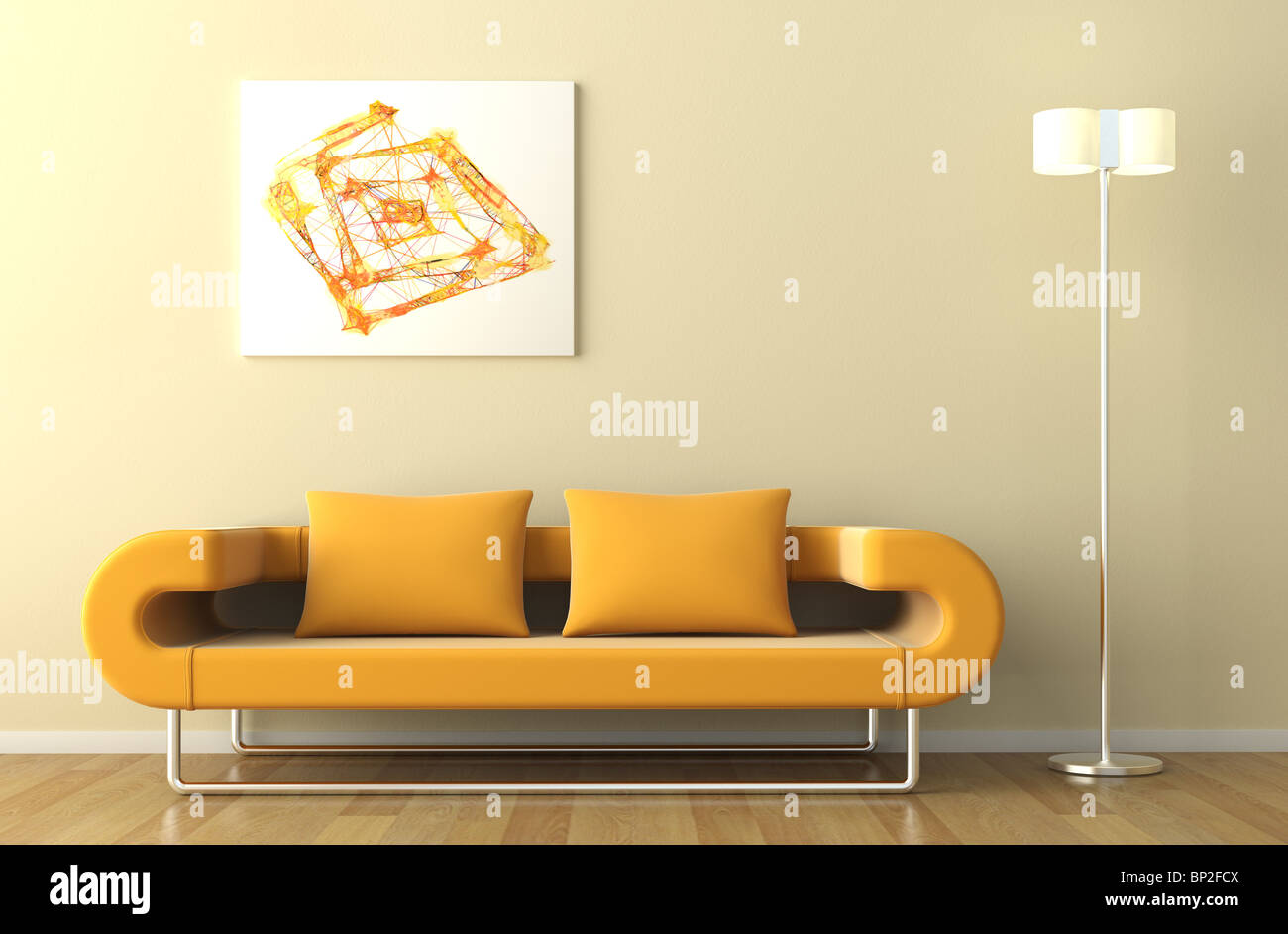 Minimale innere in orange Ton mit Couch Lampe und abstraktes Bild Stockfoto