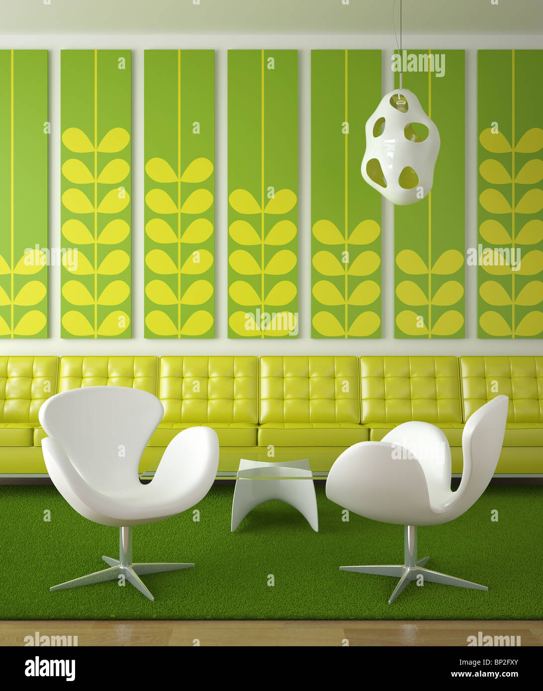 Retro-Interieur Design in grünen Farben mit zwei weißen Stühlen vor Stockfoto