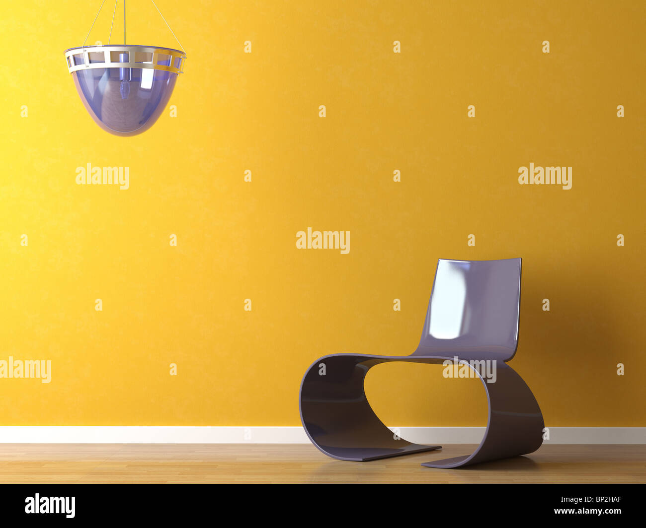 Innenarchitektur-Szene der modernen lila Kunststoff-Stuhl und Lampe auf orange Wand Stockfoto