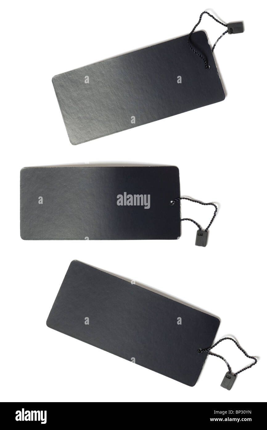 Drei isolierte schwarze leere Tags auf weißem Hintergrund Stockfoto