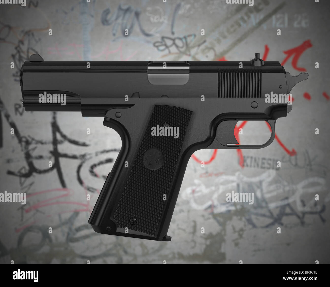 Unmöglich Gun Shooter mit einem Grunge-Graffiti-Wand-Hintergrund auf. Clipping-Pfad für die exakte Isolierung Stockfoto