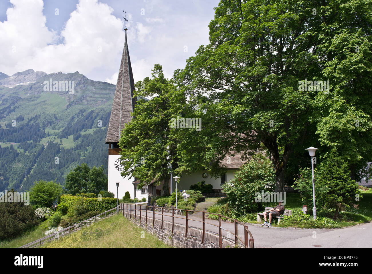 Evangelische Kirche im Dorf Wengen Schweiz Stockfoto