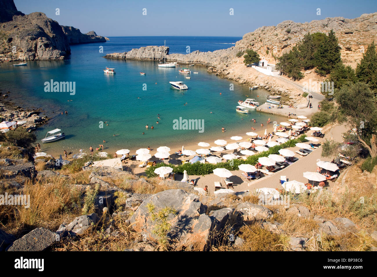 St Pauls Bay, Insel Agios Pavlos, Lindos, Rhodos, Griechenland Stockfoto