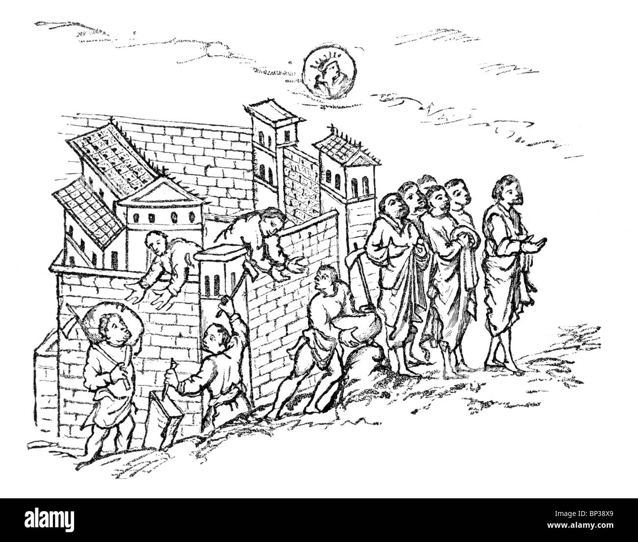 Schwarz und weiß-Abbildung; Gebäude In Arbeit 12. Jahrhundert; Stockfoto