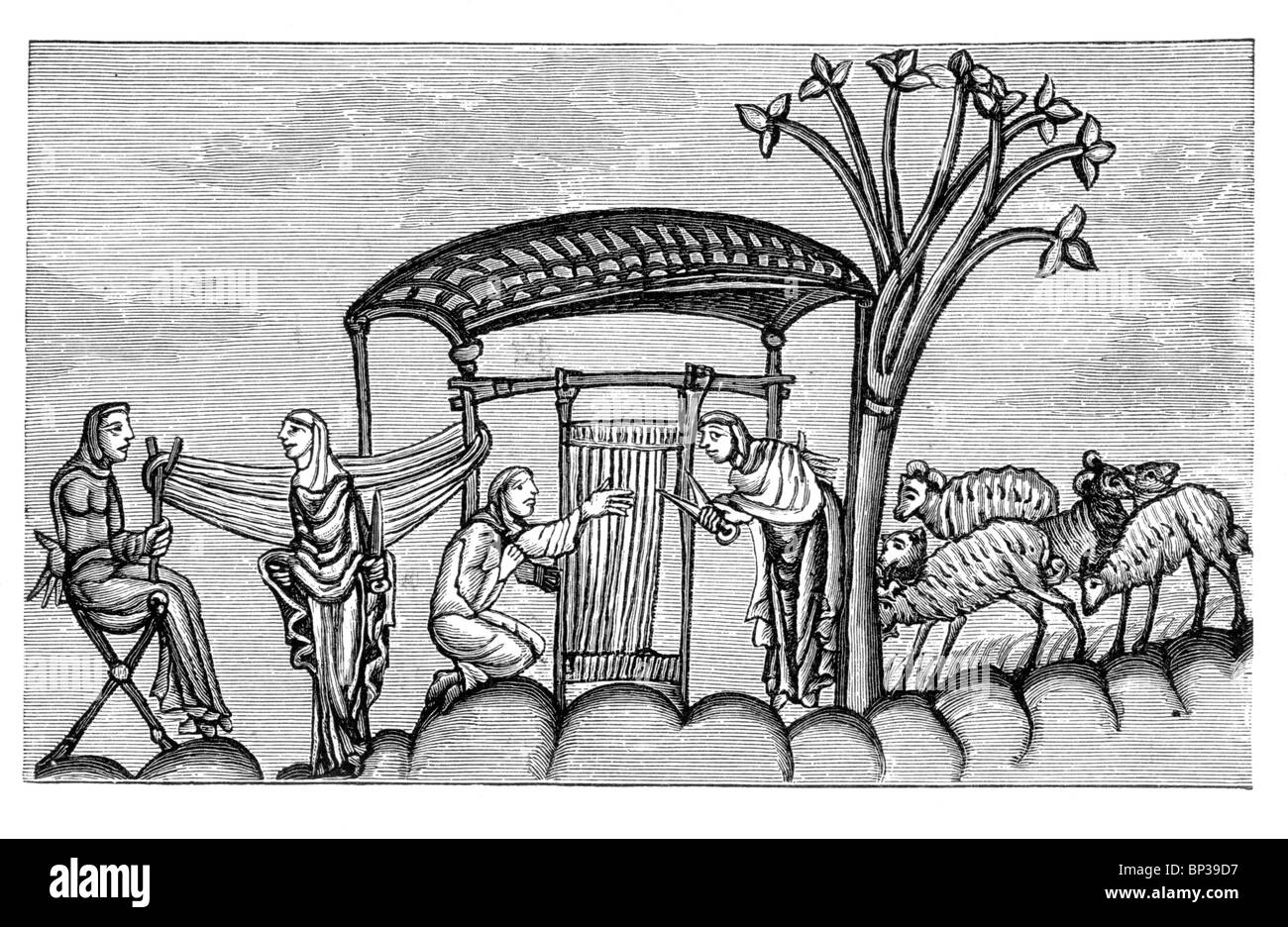 Schwarz und weiß-Abbildung; Frauen beim Weben 12. Jahrhundert; Stockfoto