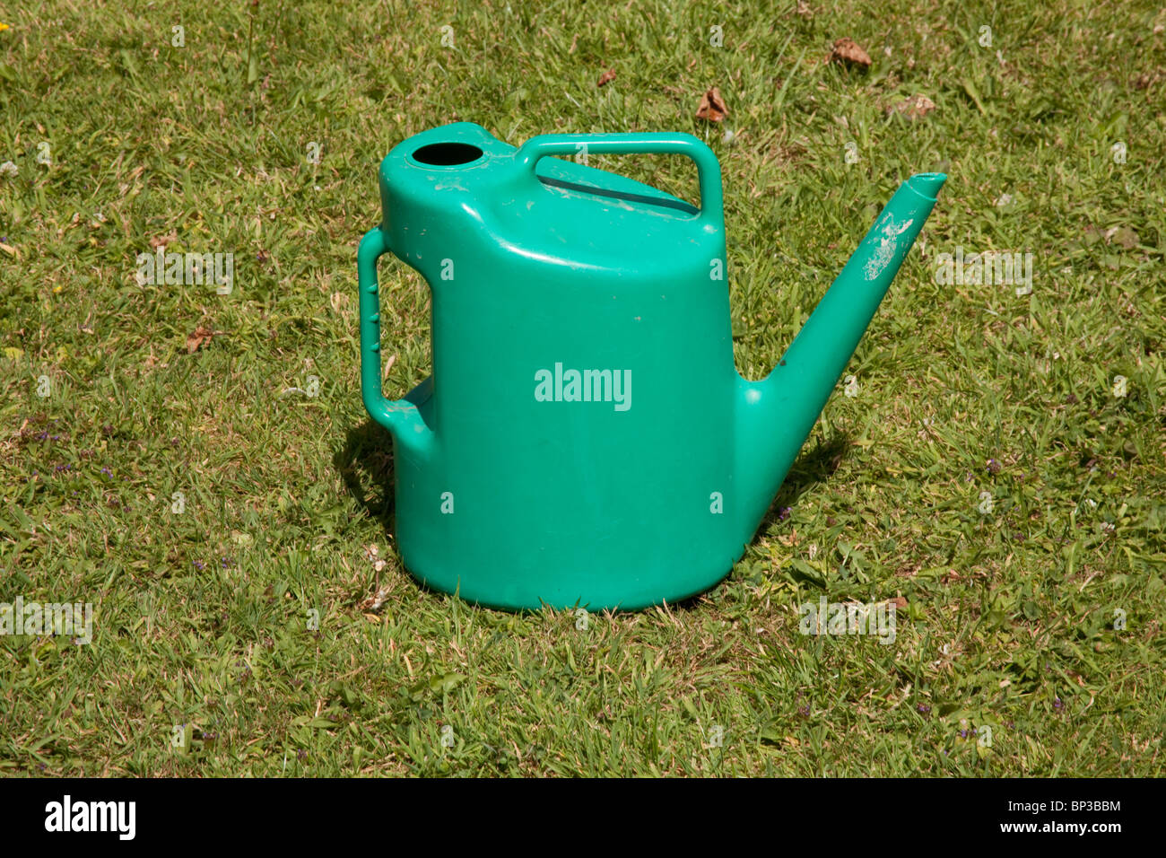 Grüne Kunststoff Gießkanne oder Container, Hampshire, England, Vereinigtes Königreich. Stockfoto