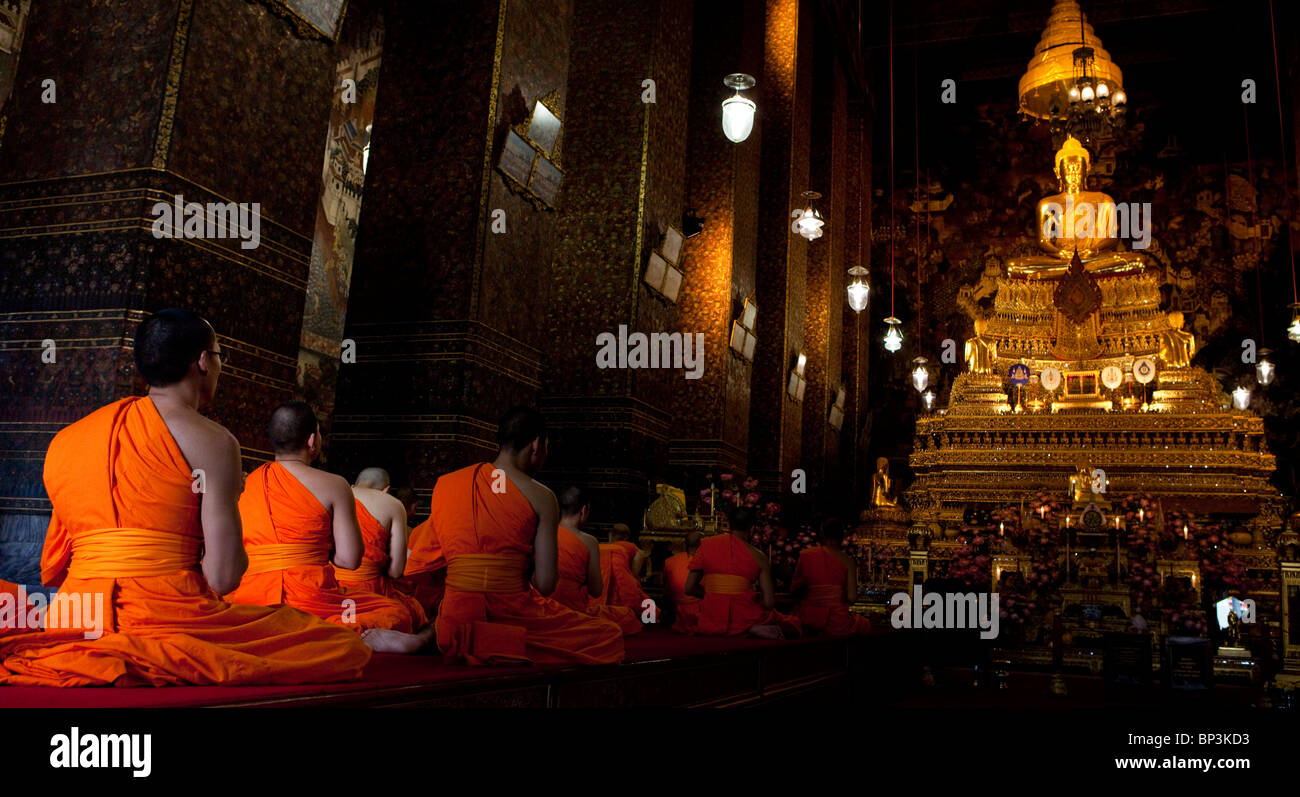 Mönche sitzen, singen im Tempel mit goldenen sitzenden Buddha, Wat Pho, Bangkok, Thailand. Stockfoto