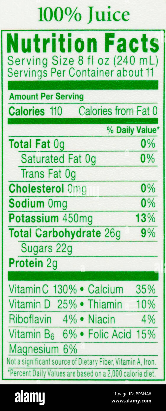 Die Ernährung Fakten Bezeichnung aus einem Behälter mit Orangensaft. Stockfoto