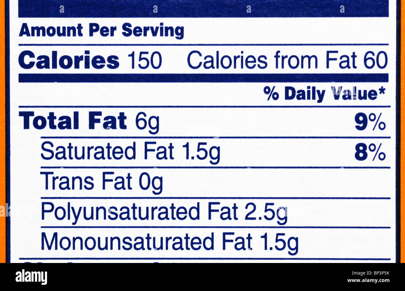 Nährwerte label aus einer Schachtel Kekse, mit Schwerpunkt auf Kalorien und Fettgehalt. Stockfoto