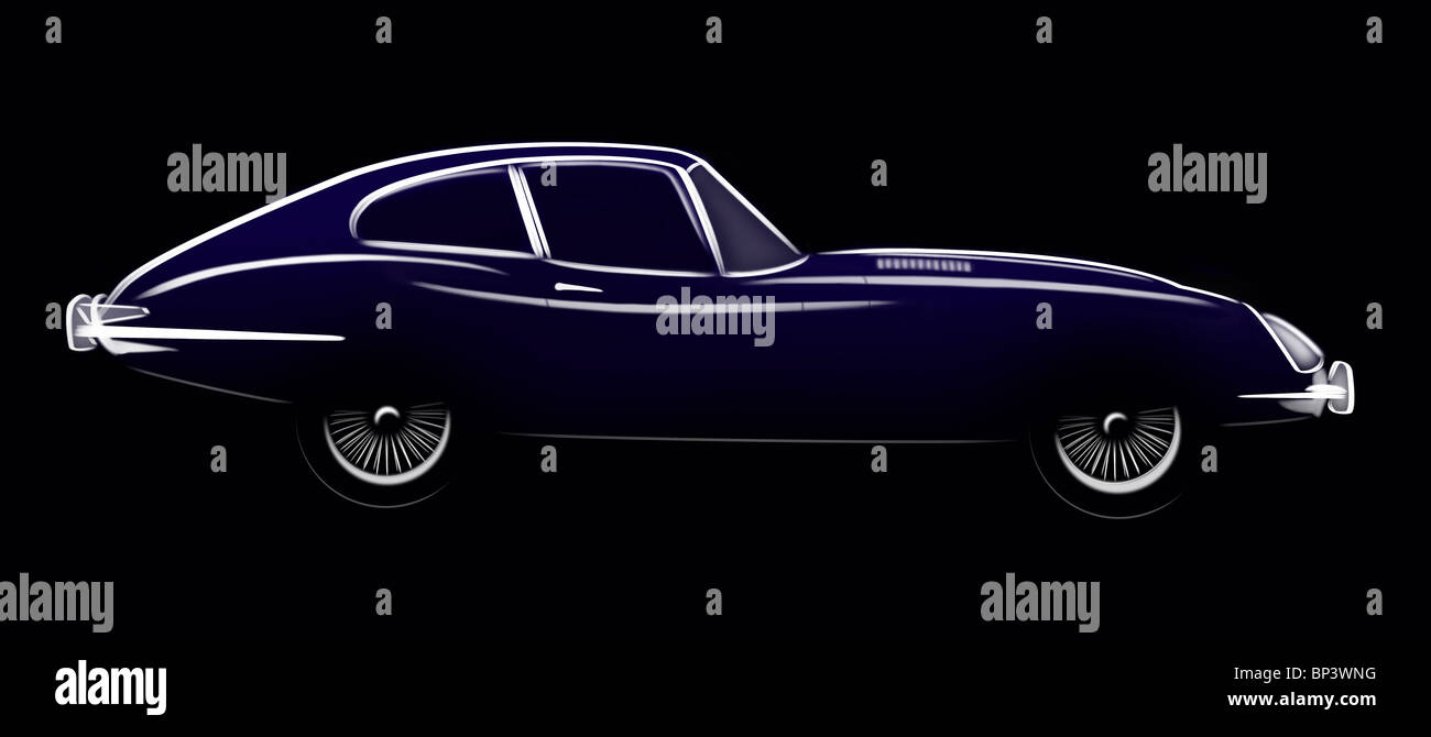 Abbildung Zeichnung von einem E-Type Jaguar Coupé, einem klassischen britischen Sportwagen. Stockfoto