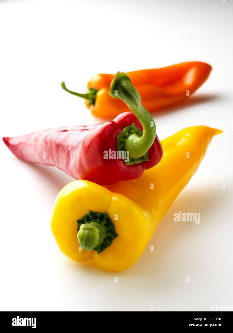 Rot gelb orange Paprika auf weißem Hintergrund Stockfoto