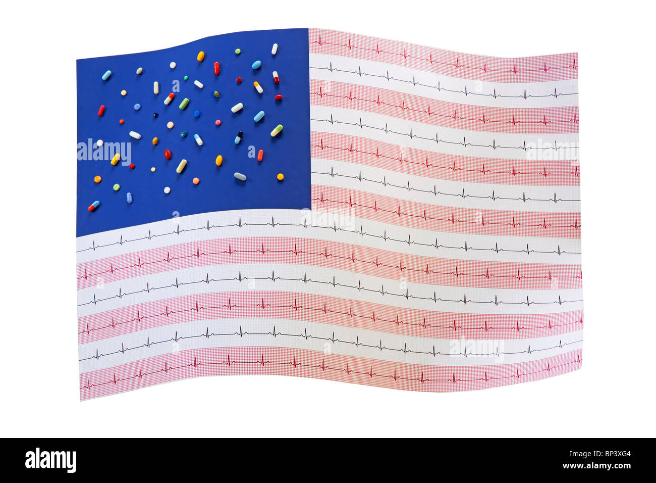 Amerikanische Flagge mit Pillen wie Sterne und EKG als Streifen Stockfoto