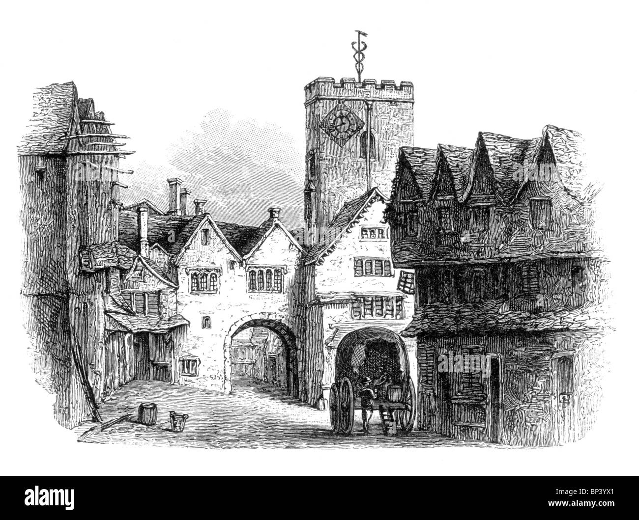 Schwarz und weiß-Abbildung; Südansicht der North Gate oder Bocardo, mit Turm von St. Michael Kirche, Oxford Stockfoto