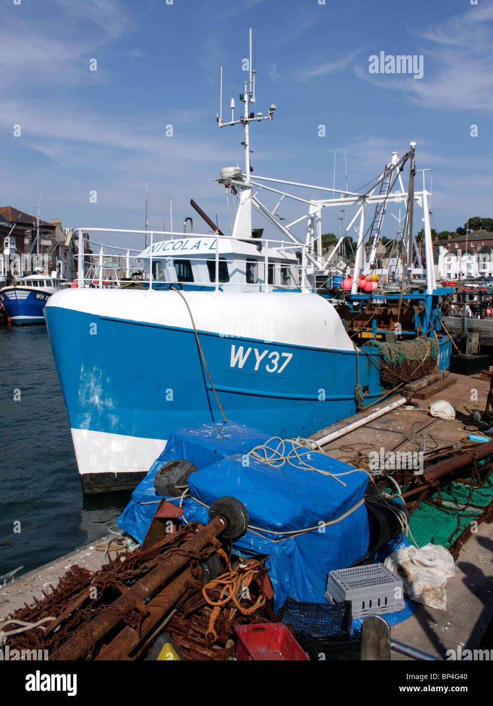 Angelboot/Fischerboot festgemacht in Weymouth Harbour Dorset Stockfoto