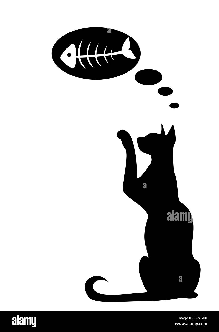 Die Silhouette eines schwarzen Katze die träumt von Fischen Stockfoto