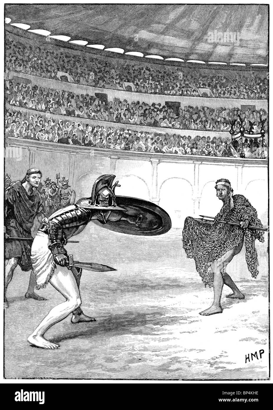 Vintage Gravur von zwei Gladiatoren engagiert sich im Kampf in der Arena. Stockfoto
