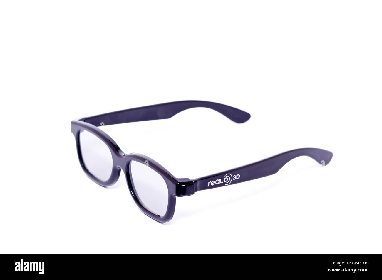 Einen Ausschnitt aus einem Paar von real D 3D Brille für 3D Filme auf einem weißen Hintergrund Stockfoto