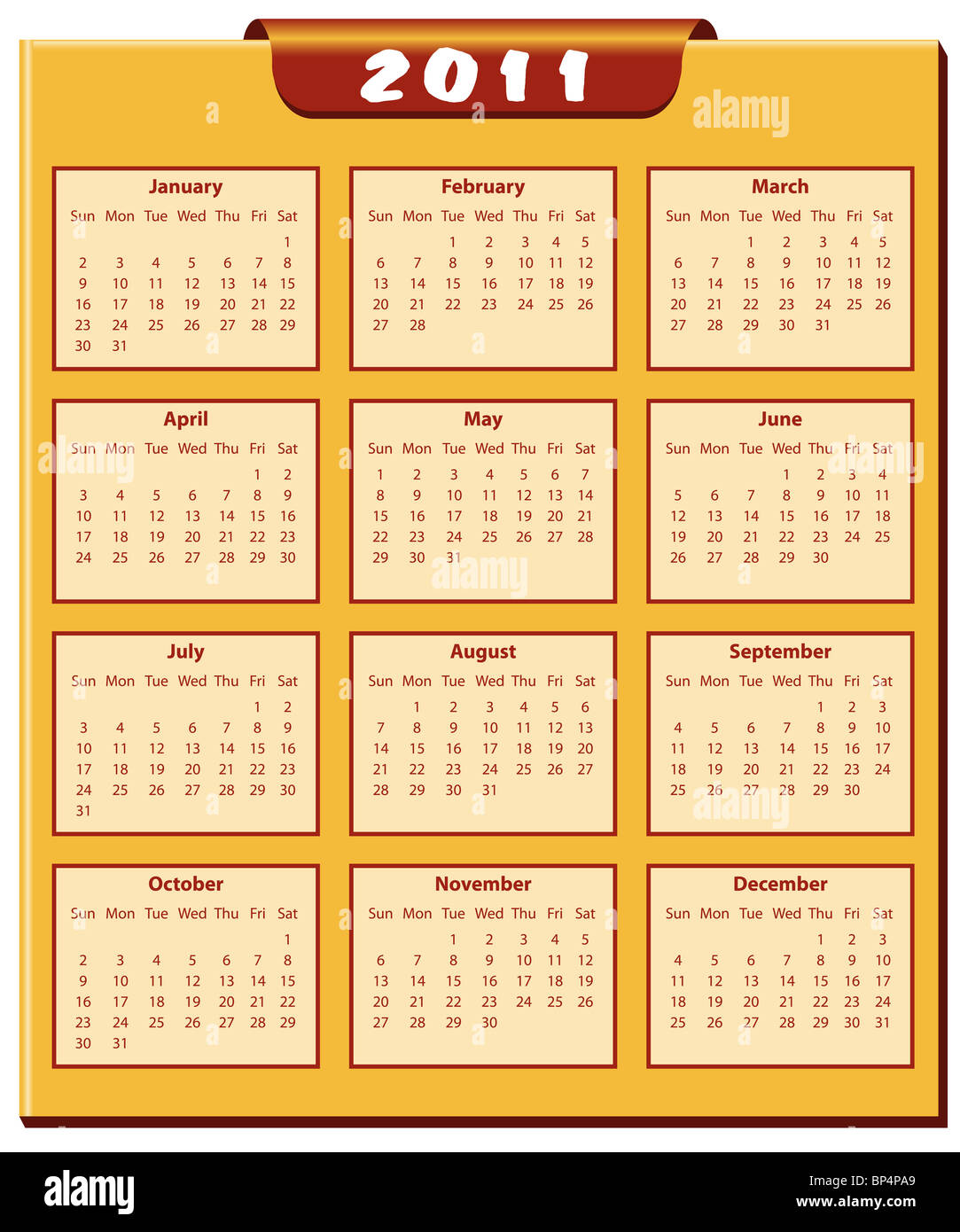 Kalender 2011 Gesamtjahr. Januar bis Dezember Monate. Stockfoto