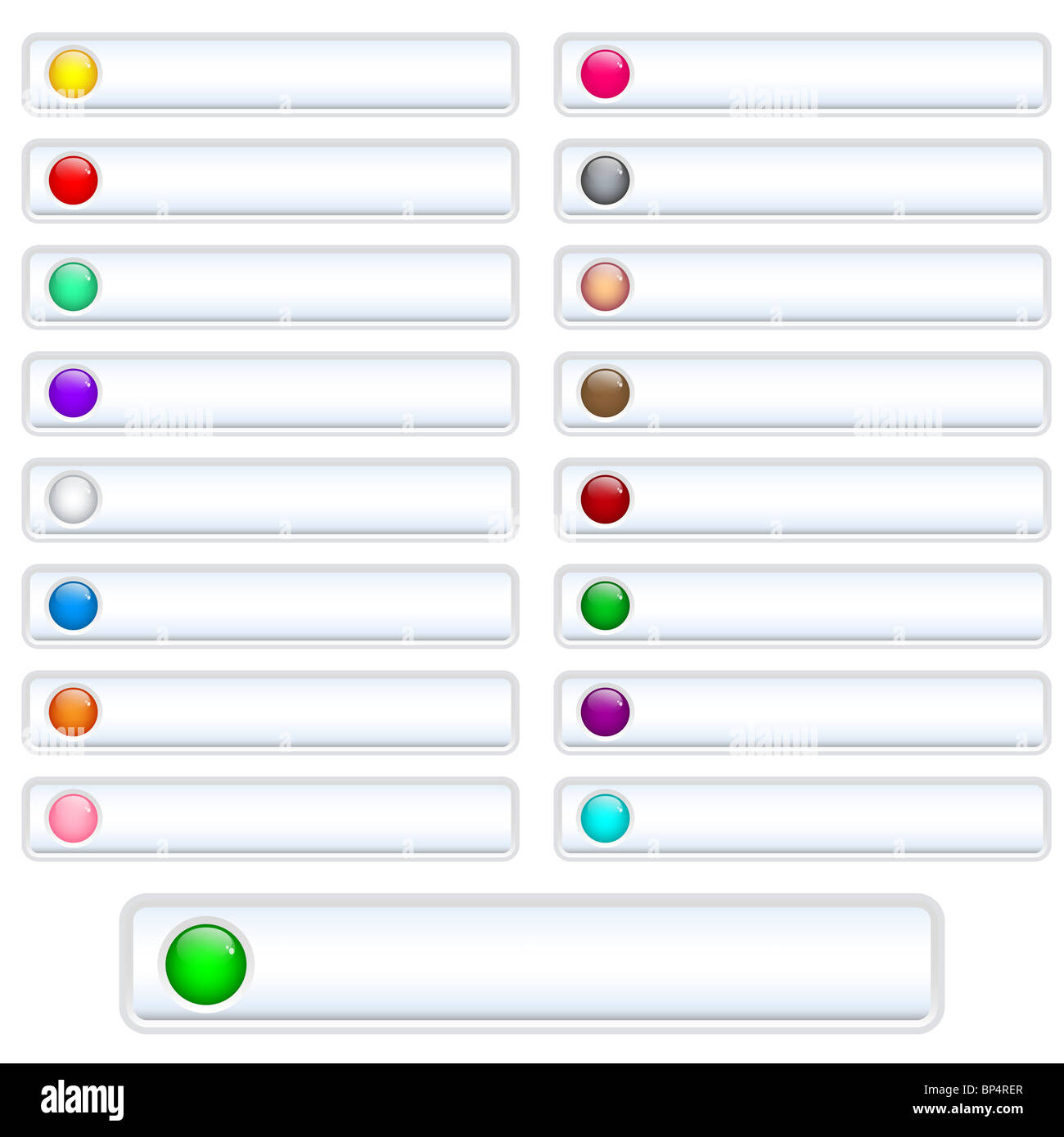 Web-Schaltflächen, weiß und glänzend mit hellen sortierten farbigen runden glänzenden Einsätzen. Skalierbare. Isoliert auf weiss. Stockfoto