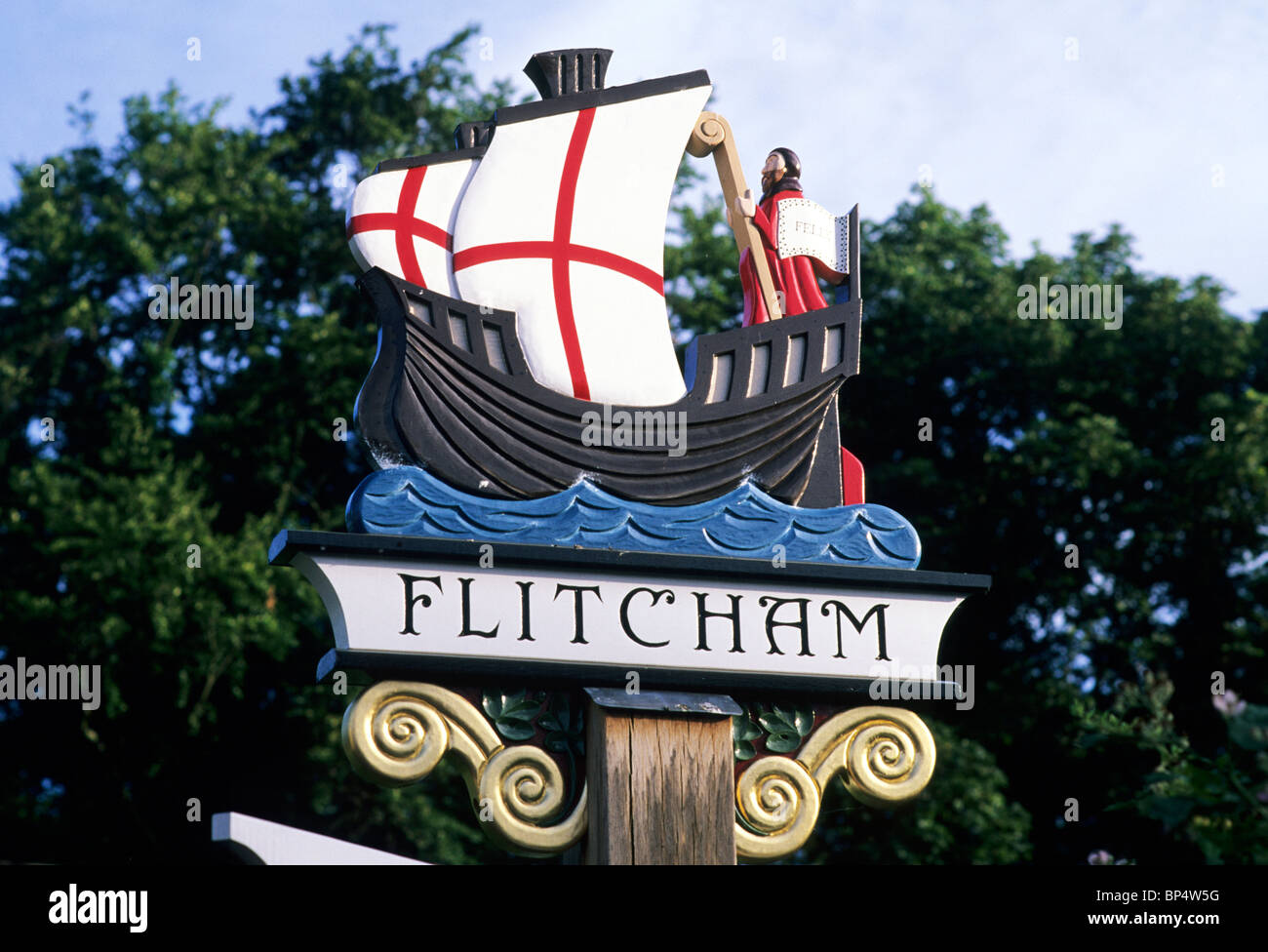 Flitcham Ortsschild, Norfolk, St. Felix England UK Englisch Zeichen Heiligen Heiligen Dörfer Stockfoto