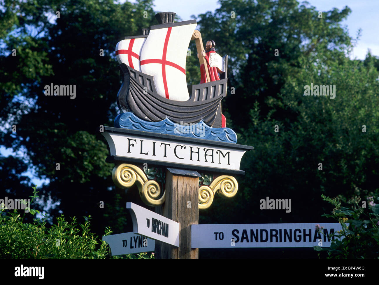 Flitcham Ortsschild, Norfolk, St. Felix England UK Englisch Zeichen Heiligen Heiligen Dörfer Stockfoto