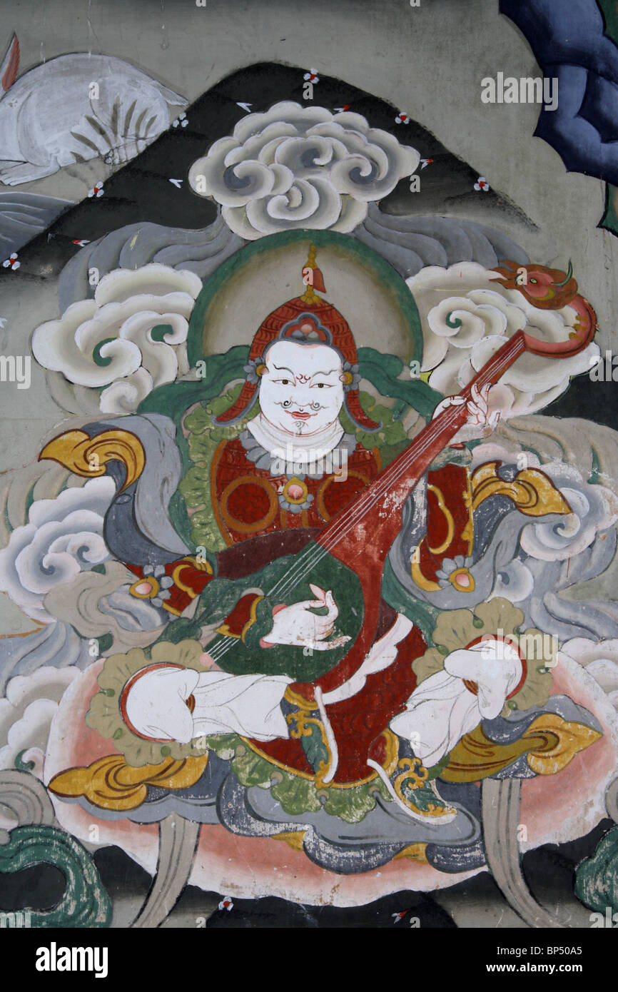 Detail eines Wandbildes im Kloster Tashichho Dzong in Thimpu, Bhutan. Stockfoto